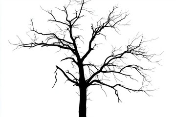 Obraz premium Silhouetted barren tree against a white background, symbolizing winter or desolation