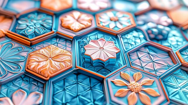 Detailed and Colorful Hexagonal Patterns with Floral Designs and Textures in Vibrant Blue and Orange Shades