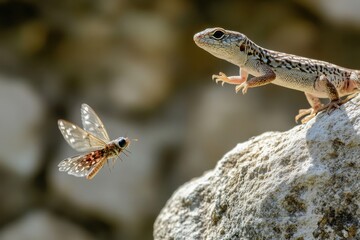 A lizard is trying to catch a bug that is flying