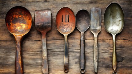 Handcrafted wooden utensils display rustic kitchen artisanal craft natural setting close-up unique design