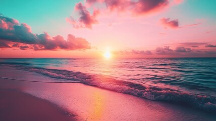 Obraz premium Stunning pink sunset ocean beach tropical summer scene waves sky sea day sand view calm water coast