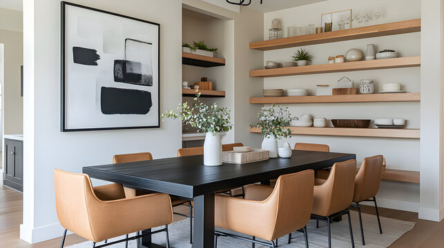Modern dining space, black framed dining table, tan leather chairs, Scandinavian black and white abstract wall art, floating oak shelves with minimal decor, creamy neutral walls, close-up side view,