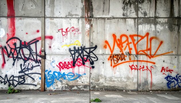 Vibrant graffiti covers a textured concrete wall, illustrating urban decay and rebellious self-expression against a stark, tiled ground.