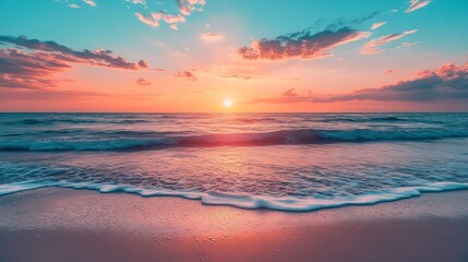 Serene ocean sunset beach scene with pink and teal sky waves sea sand calm foam view water coast