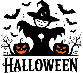 Spooky Halloween scene with a silhouetted witch or ghost wearing a hat, flanked by carved jack-o'-lanterns, bare trees, and flying bats, above the word 