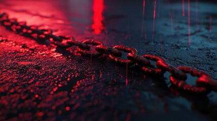 Rusty chain on wet pavement at night under red neon light