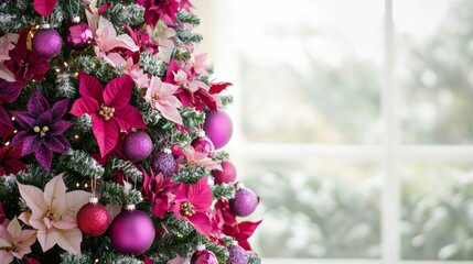 Vibrant Pink and Purple Christmas Tree Decorated with Flowers and Ornaments in a Bright Indoor Setting