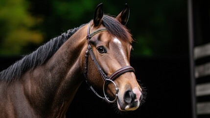 Naklejka premium Chestnut horse portrait in stable, dark background