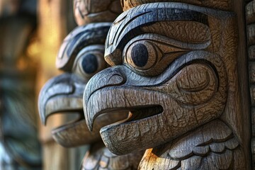 Two wooden bird statues with their beaks open, one of which has a large eye
