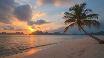 Serene tropical sunset beach scene with palm tree silhouette and calm ocean waves sea sky sand blue