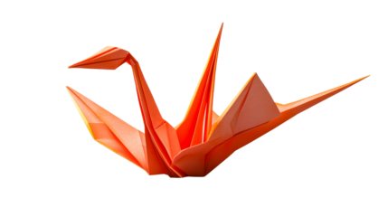 Orange origami crane on transparent bg