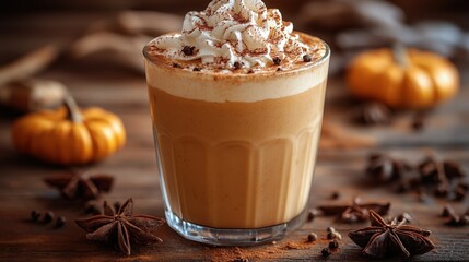 A close-up shot showcases a slice of creamy dessert pie topped with whipped topping and cinnamon.