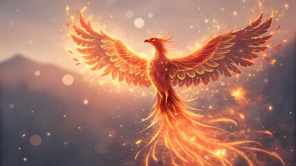 Obraz premium Fiery phoenix rising with sparkles and glowing feathers in a dreamy bokeh background, symbolizing rebirth, power, and magic in a mythical visual story. 