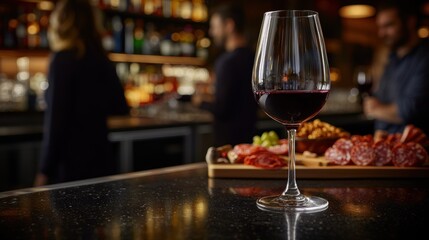Wine glass at bar with appetizers, blurred background of socializing people