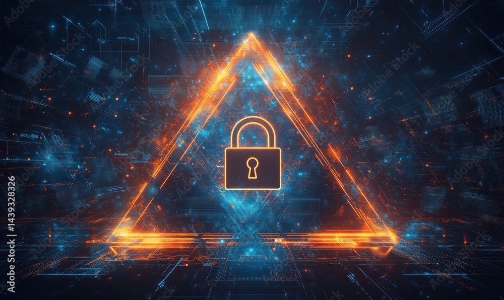 Poster digital security concept with glowing lock symbol inside triangular frame