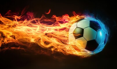 Obraz premium Soccer ball in motion surrounded by vibrant flames and colorful trails