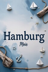 Hamburg Schriftzug maritim mit Papierbooten und Anker 
