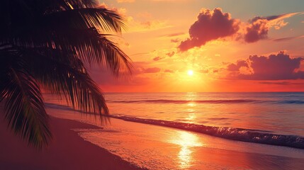 Stunning tropical sunset beach scene with palm tree silhouette sky red sea sand warm calm ocean waves