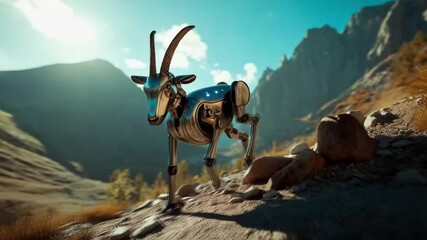 A robot is walking on a rocky mountain