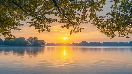 Serene sunrise over a tranquil lake, adorned by lush trees and golden reflections.