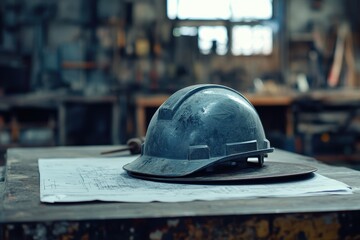 Industrial safety helmet on a workbench, surrounded by blueprints.