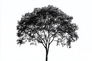 Silhouetted tree against a white background, showcasing intricate leaf patterns and shape
