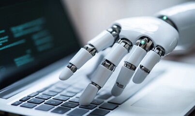 Robotic hand interacting with laptop keyboard showcasing advanced technology and automation