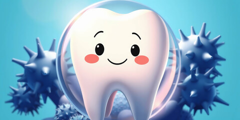 cartoonish tooth with a smiling face, enclosed within a transparent bubble