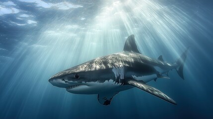 Fototapeta premium Majestic Shark Ascends in Sunlit Depths