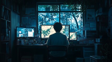 A young Asian male absorbed in his work at a high-tech desk illuminated by multiple screens.