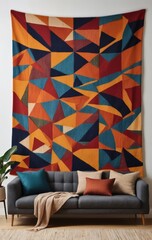 A vibrant wall tapestry adorned with intricate patterns and rich colors, elegantly drapes beside a cozy couch, enhancing the room's artistic ambiance.
