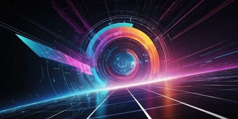 Vibrant abstract technology background featuring dynamic, swirling colorful lines and interconnected circles, creating a sense of movement and innovation.