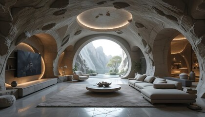 Modern cave-inspired living room with stone textures and organic curves, blending natural aesthetics with futuristic architecture and cozy design.
