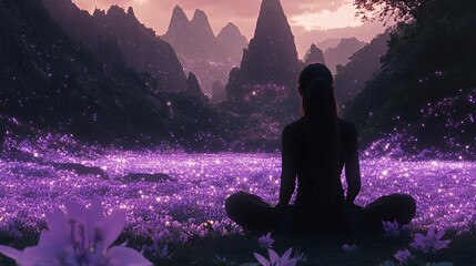 A serene woman meditating in a mystical purple landscape surrounded by mountains.