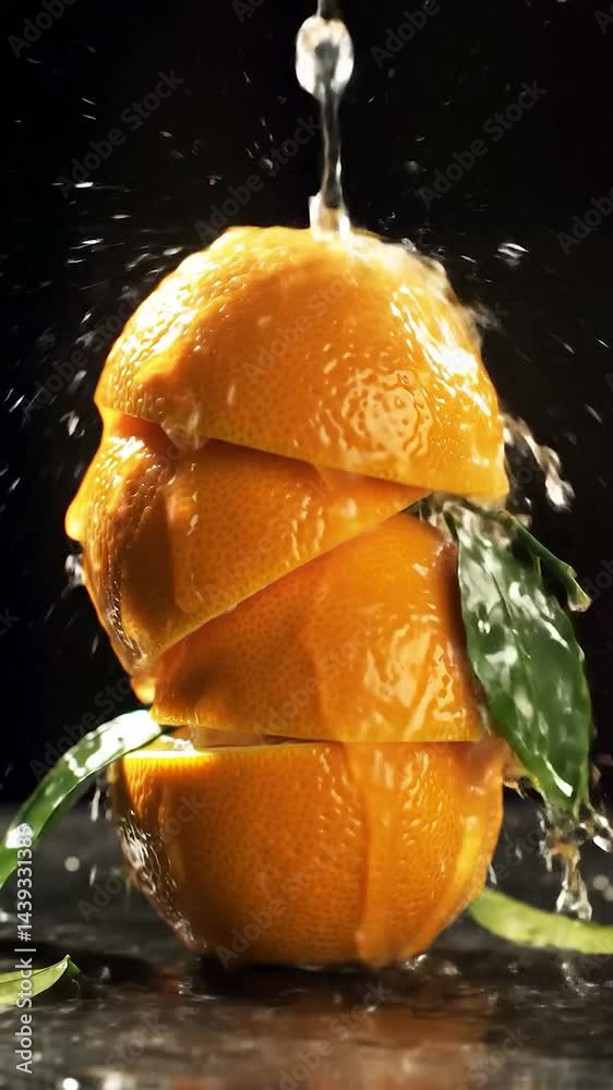 Poster a vibrant, sliced orange with dynamic water splashes against a dark backdrop. highlight the glossy t