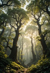 Fototapeta premium A lush forest scene featuring tall, green trees and vibrant bushes in the foreground, creating a serene and inviting natural landscape.