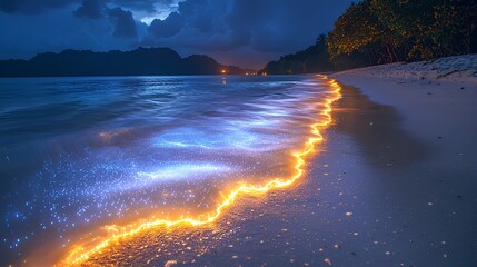 Naklejka premium Bioluminescent waves glowing on a tropical beach at night. (2)