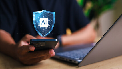 AI in Cybersecurity concept. data protection, enterprise cybersecurity and malware defense. Person with AI security technology icons.