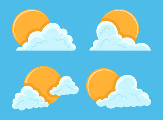 Illustration of Golden Orange Sun Behind White Puffy Clouds.Bright Sun and Soft Clouds on Blue Background