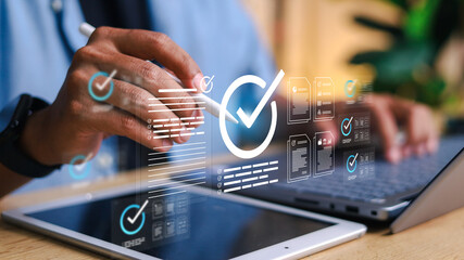 Businessman Take an assessment, Check list, questionnaire, evaluation, filling out an online survey form. Answer the test questions. online survey exam Choosing the right answer in the exam,