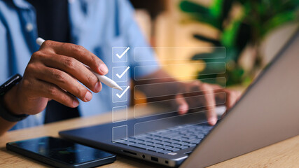 Digital Checklists for efficient business management, Businessman touching marking on checklist guide to paperless assessment and Future Success.