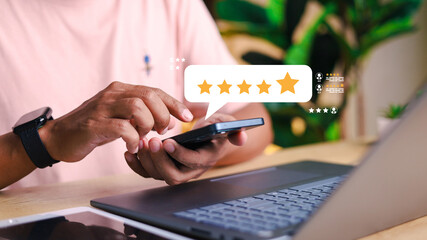 Online customer satisfaction Survey service concept. Satisfaction survey, customers use smartphones to rate their experience with five stars.
