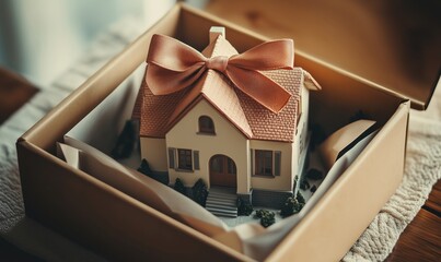Miniature house gift wrapped with bow in a box, perfect for housewarming or real estate