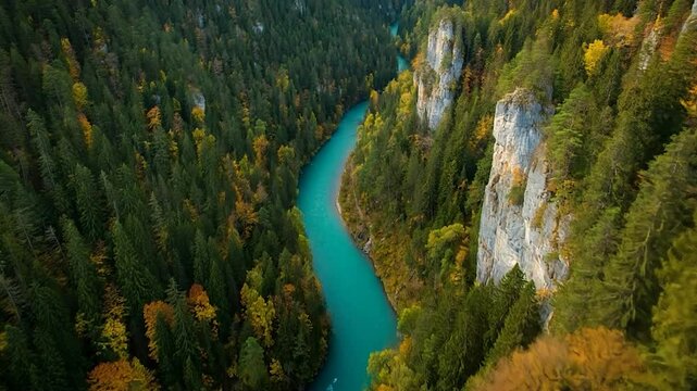  a serpentine river winding through a lush, dense forest. The river's turquoise water contrasts beautifully against the rich greens and browns of the trees, with autumnal hues peeking through as folia