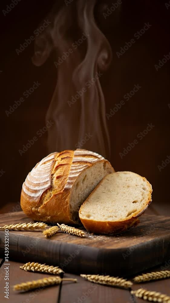 Poster a freshly baked loaf of artisanal bread, prominently displayed in the foreground with a loaf partial
