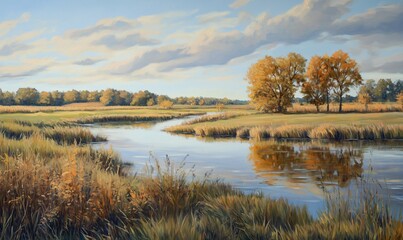 Obraz premium Serene autumn landscape with river and golden trees reflecting in water