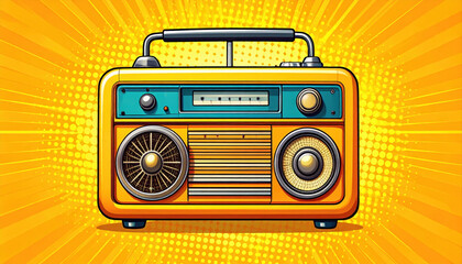 Vibrant pop art depiction of vintage radio set against bold yellow background, radiating energy and nostalgia. This artwork captures essence of retro design and music culture