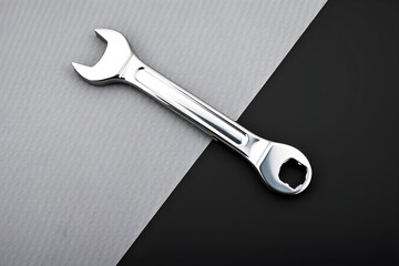 A shiny chrome wrench lies diagonally on a textured gray and smooth black background. The lighting highlights its sleek, polished surface