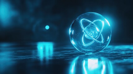 Glowing atom sphere on dark surface, energy concept