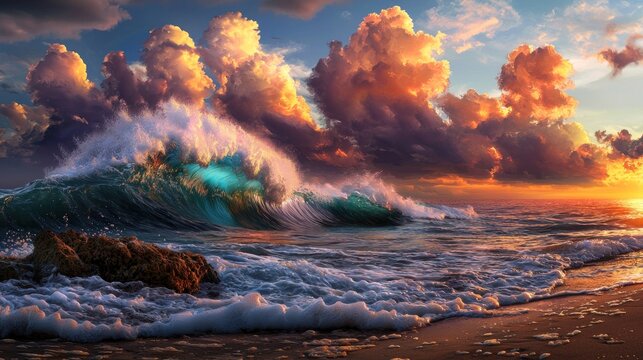 Dramatic sunset waves crashing on beach with vibrant clouds